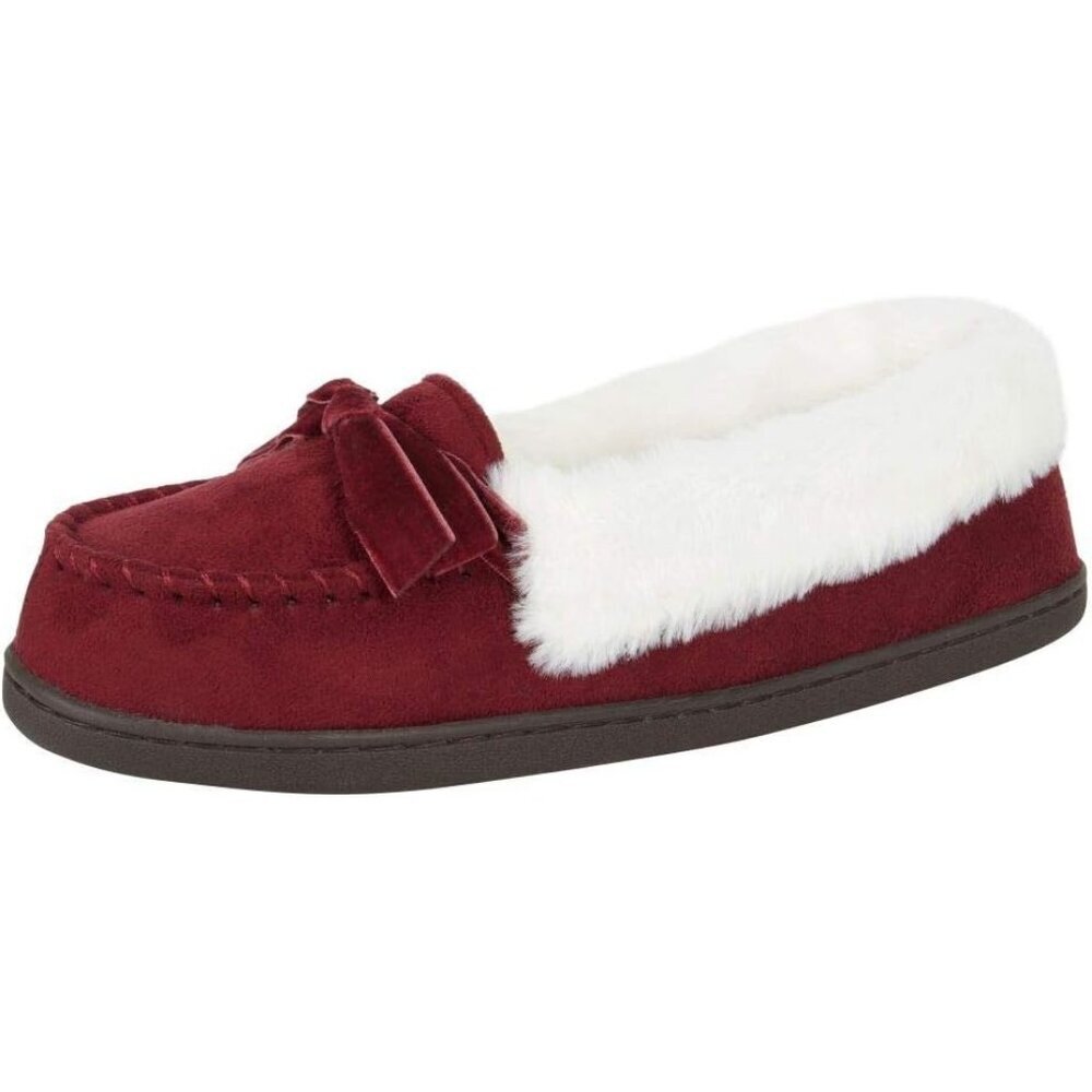 Women's Wine Red Bow Faux Fur Collar Pull On Plush Lining Slipper Boot Shoes